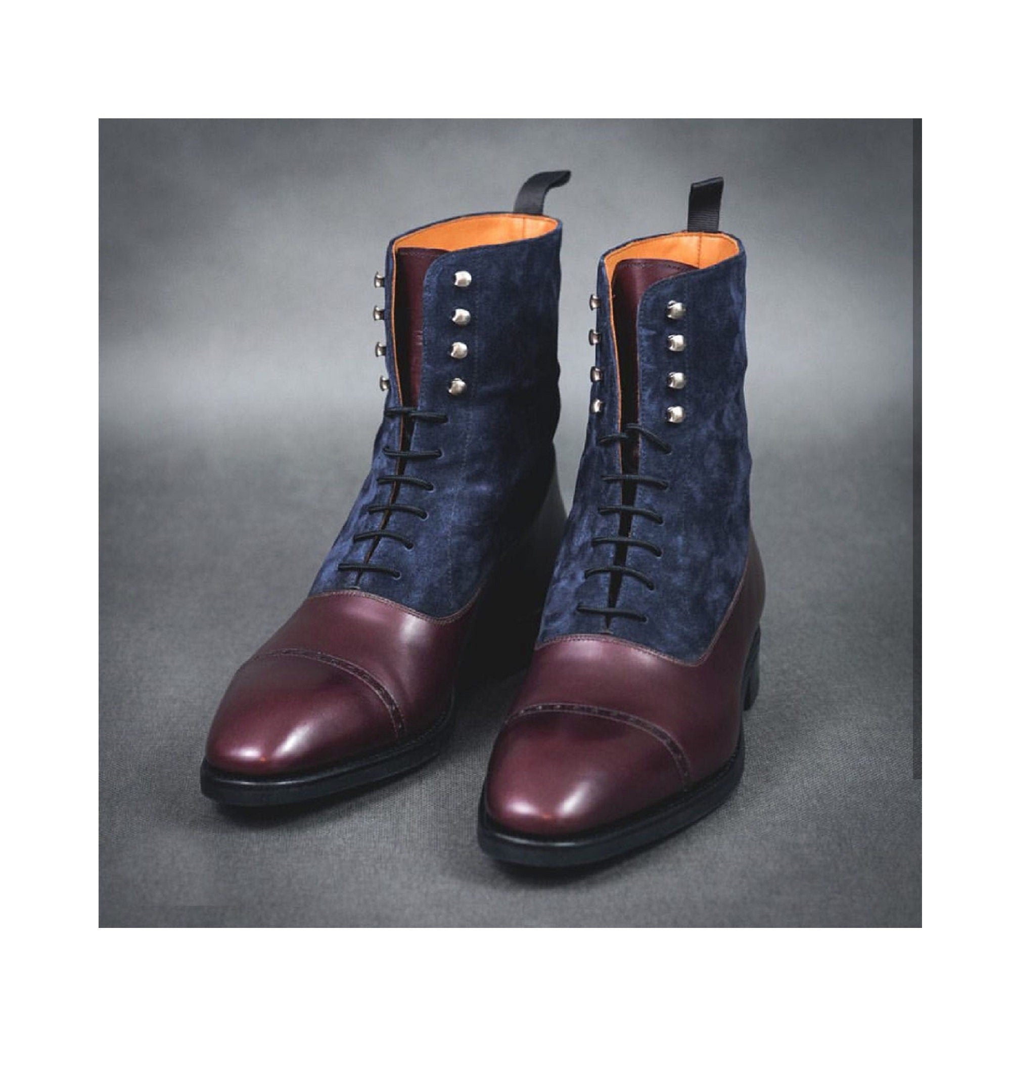 Pure Handmade Maroon & Navy Blue Cap Toe Ankle High Leather Suede Lace Up Boots For Men's