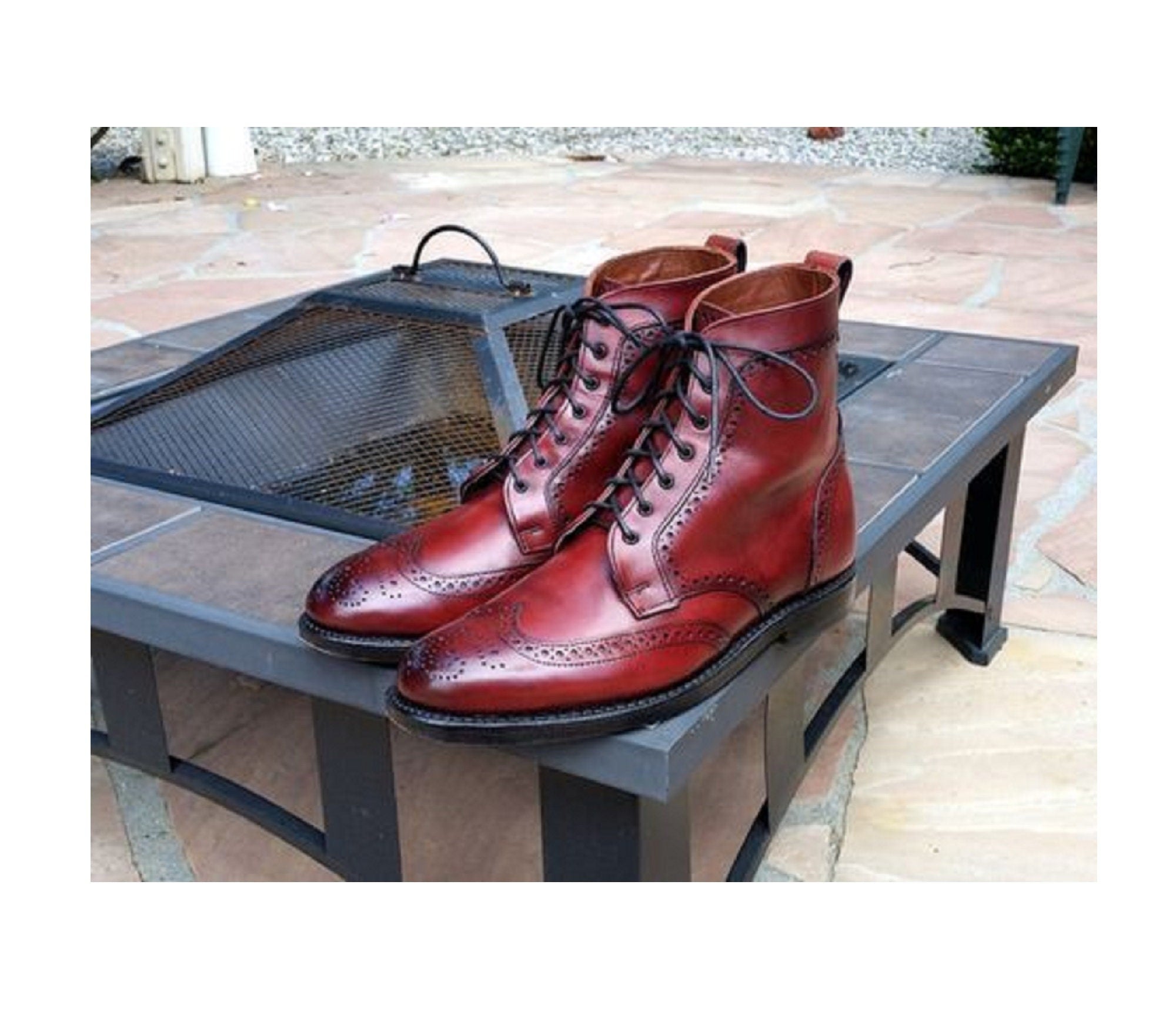 Handmade Burgundy Wing Tip Brogue Leather Boot, Dress Formal Boots For Men, Genuine Leather Lace up Boots