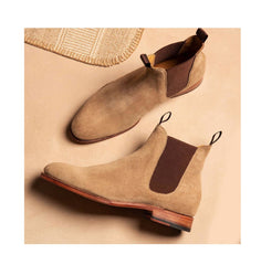 Men Chelesa Boots, Ankle High Suede Boots, Beige Suede Chelsea Boot