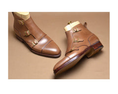Pure Handmade Three Monk Straps Leather Boots, Ankle High Brown Color leather boots for men
