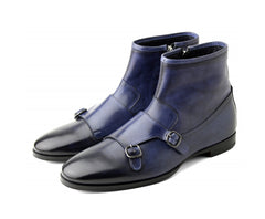 Handmade Men's Blue Color Monk Straps With Side Zipper Leather Boot For Men's