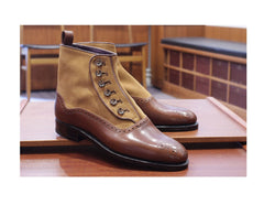 Handmade Men's Classic Brown Color Leather Buttons Boots, Jeans Ankle High Boots