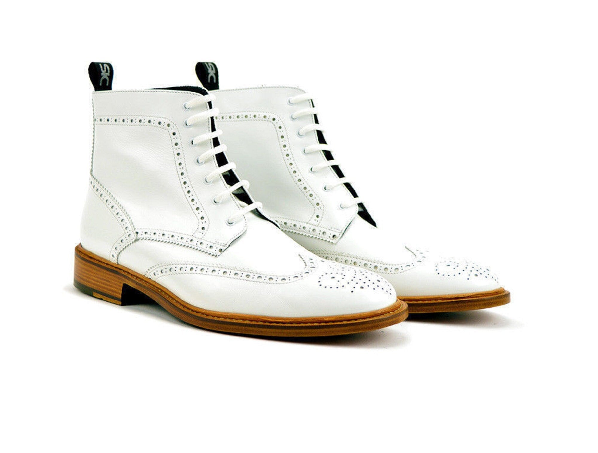 Handmade Men's White Color Brogue Wing Tip Ankle Boots Men Lace Up Boots Men Boots