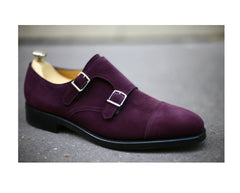 Handmade Monk Shoes Men Suede Leather Purple Double Buckle Cap Toe Premium Quality