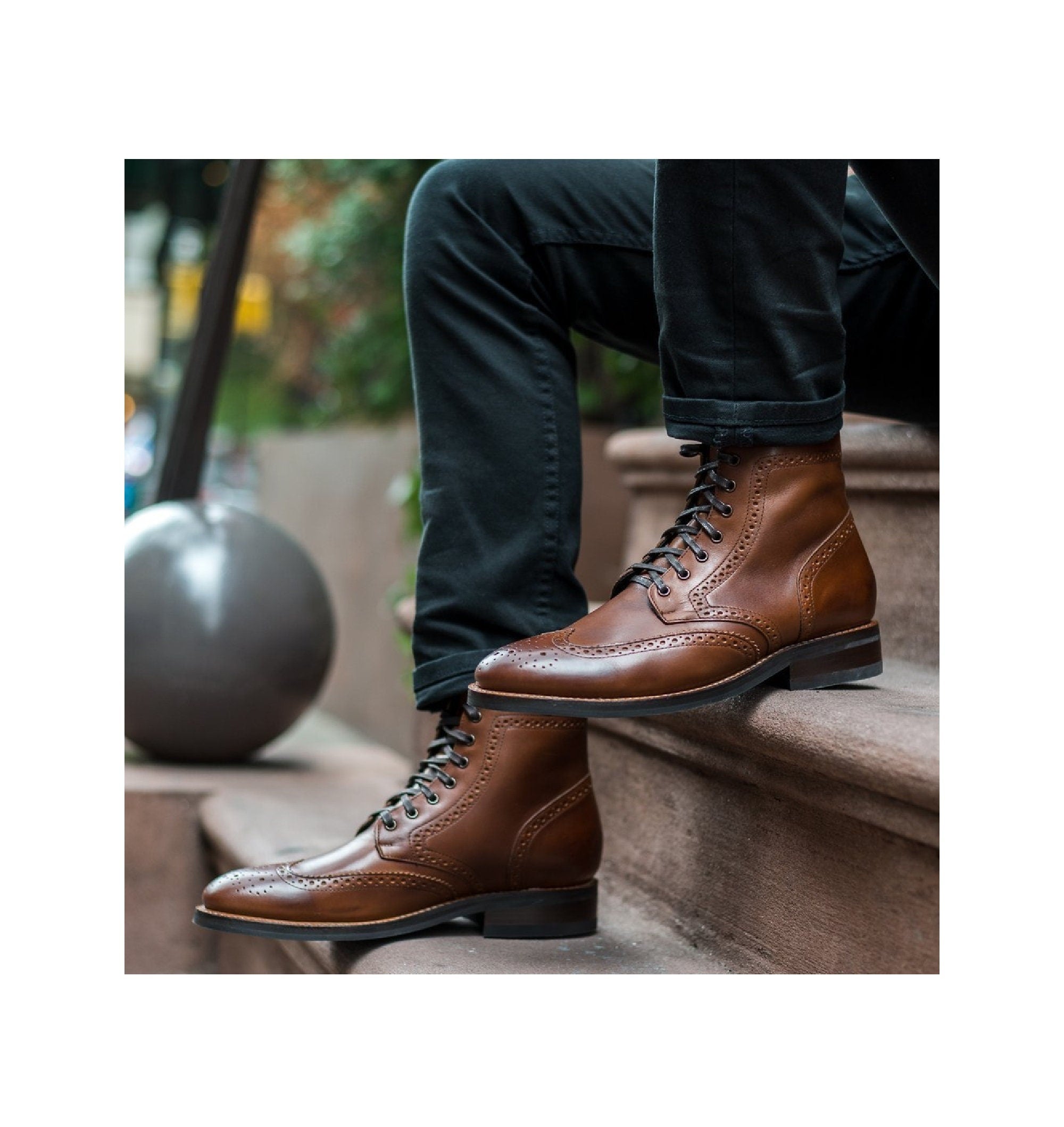 Handmade full-brogue wingtip leather boots, men high ankle boots