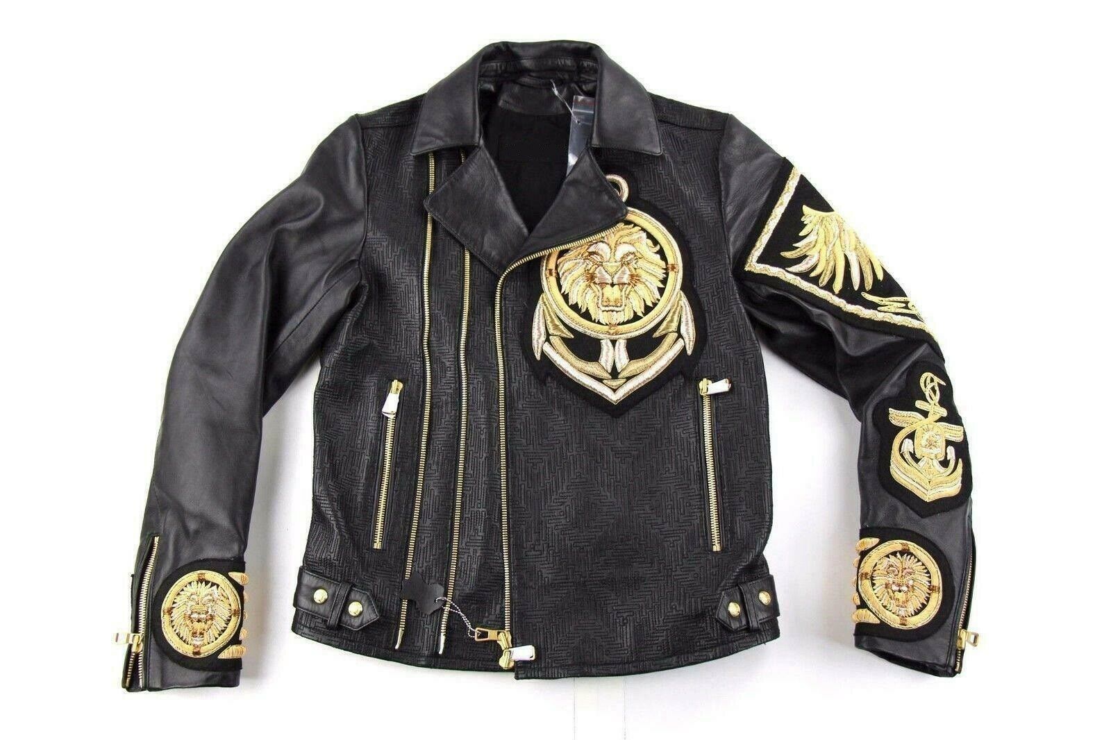 Handmade Embroidery Patches Golden Black Style Leather Jacket