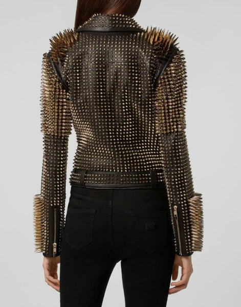 Women Full Golden Spike Studded Brando Black Leather Jacket, Veste en cuir femme