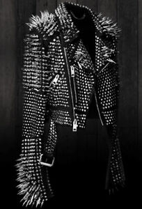 New Womens Punk Black Full Long Spiked Studded Brando Leather Jacket, women wear