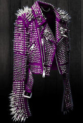 New Women Punk Full Long Spiked Studded Brando Purple Leather Jacket women wear