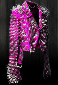 New Womens Punk Full Long Spiked Studded Brando Pink Leather Jacket, women wear