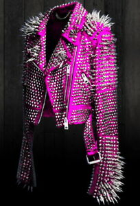 New Womens Punk Full Long Spiked Studded Brando Pink Leather Jacket, women wear