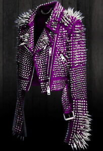New Women Punk Full Long Spiked Studded Brando Purple Leather Jacket women wear