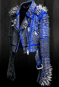 New Womens Punk Blue Full Long Spiked Studded Brando Leather Jacket women wear