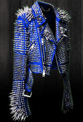 New Womens Punk Blue Full Long Spiked Studded Brando Leather Jacket women wear