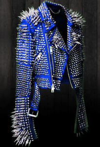 New Womens Punk Blue Full Long Spiked Studded Brando Leather Jacket women wear