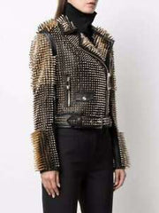 Women Full Golden Spike Studded Brando Black Leather Jacket, Veste en cuir femme