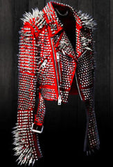 New Womens Punk Full Long Spiked Studded Brando Red Leather Jacket women wear