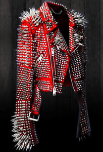 New Womens Punk Full Long Spiked Studded Brando Red Leather Jacket women wear